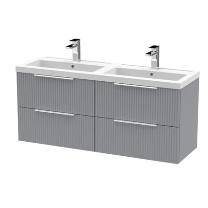 Hudson Reed Fluted 1200mm Wall Hung 4-Drawer Double Basin Vanity Unit - Art Deco Satin Finish