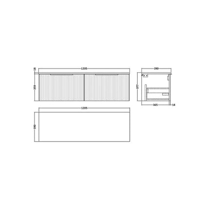 Hudson Reed Fluted 1200mm Wall Hung 2-Drawer Vanity Unit with Colour Matched Worktop - Art Deco