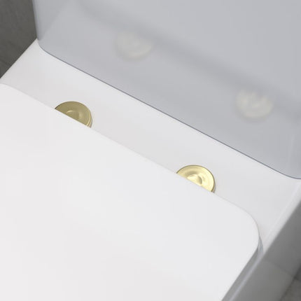 Close-up of a white toilet with gold hinges on a tiled floor.