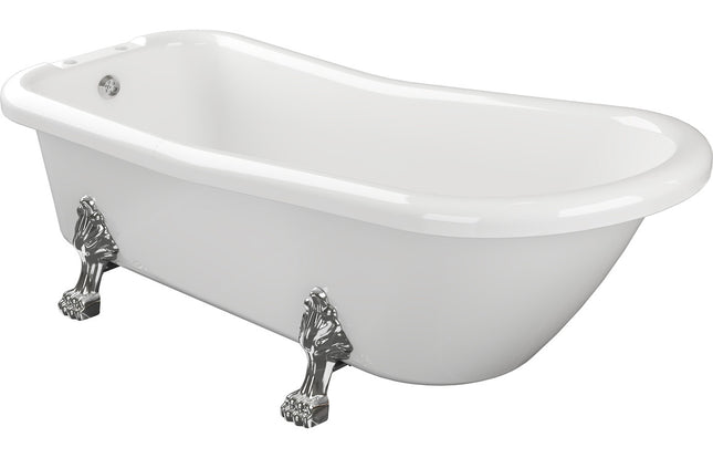 BG Bathrooms Winnow Freestanding Slipper Bath 1530x670mm | Chrome Lion's Paw Feet | 2 Tap Holes
