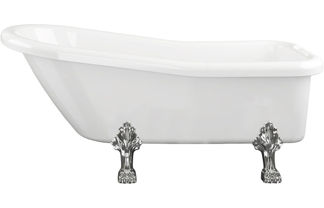 BG Bathrooms Winnow Freestanding Slipper Bath 1530x670mm | Chrome Lion's Paw Feet | 2 Tap Holes