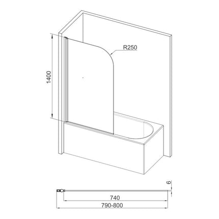 Radius Bath Screen — 800x1400mm | 6mm Toughened Glass | Pivoting | Chrome