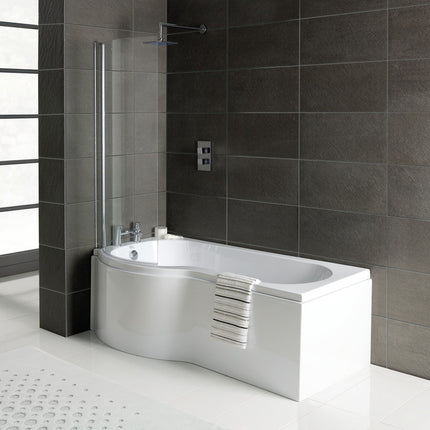 Aqua Elegance P-Shape 1700x700-850x410mm 0TH Shower Bath, Panel & Screen