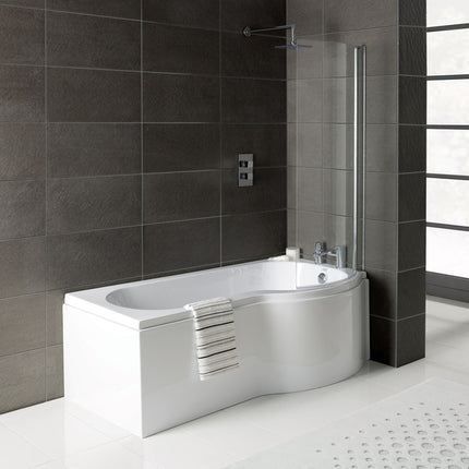 Aqua Elegance P-Shape 1700x700-850x410mm 0TH Shower Bath, Panel & Screen