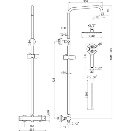 Round Thermostatic Bar Mixer w/Riser Kit