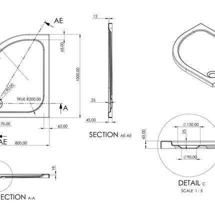 Technical drawing of a sink with dimensions and sections labeled