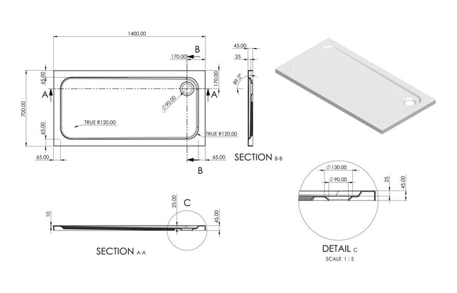Takeaway 45mm Low Profile Rectangular Tray & Waste - White