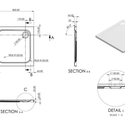 Takeaway 45mm Low Profile Square Shower Tray & Waste — White