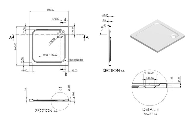 Takeaway 45mm Low Profile Square Shower Tray & Waste — White