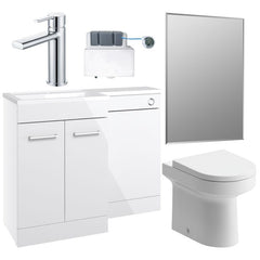 Bathroom furniture set with white vanity, mirror, and toilet on a white background