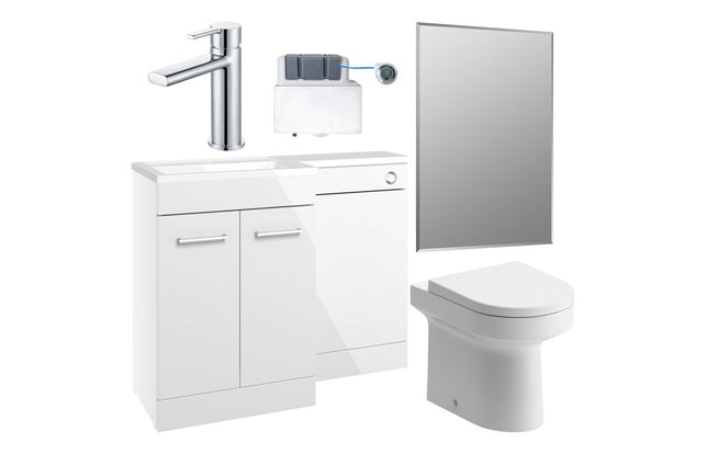 Bathroom furniture set with white vanity, mirror, and toilet on a white background