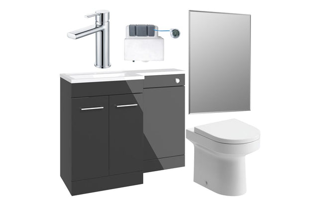 Bathroom furniture set with gray vanity, white toilet, and mirror on a white background