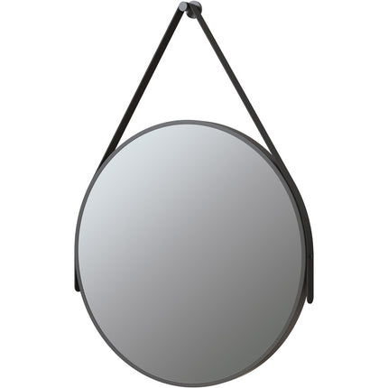 Mako 600mm Round Bathroom Mirror | Matt Black Aluminium Frame | Leather-Effect Strap | 2-Year Guarantee