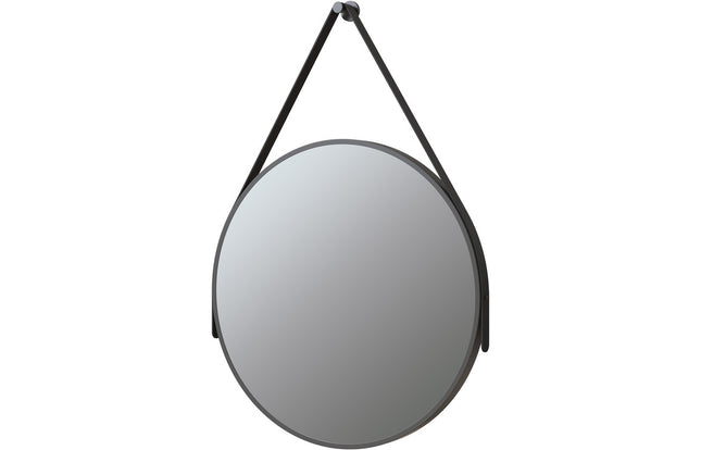 Mako 600mm Round Bathroom Mirror | Matt Black Aluminium Frame | Leather-Effect Strap | 2-Year Guarantee