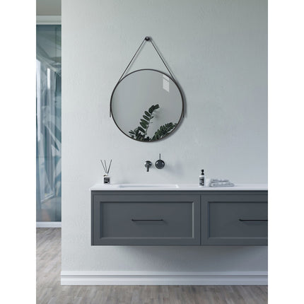 Mako 600mm Round Bathroom Mirror | Matt Black Aluminium Frame | Leather-Effect Strap | 2-Year Guarantee