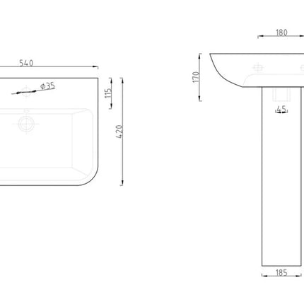 Basin and Full Pedestal - White | 1 Tap Hole | 540mm | Lifetime Guarantee