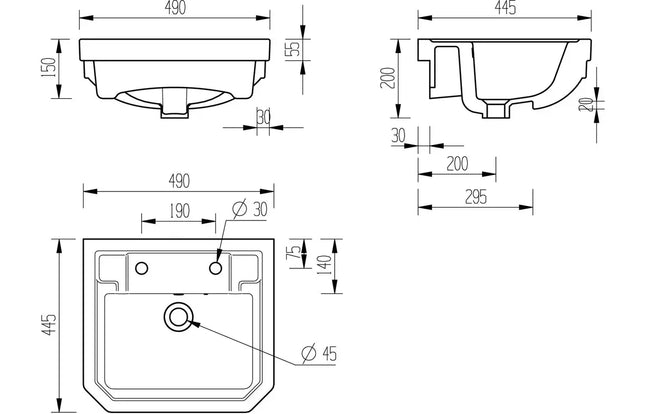 Traditional 495x445mm 2TH Semi Recessed Basin