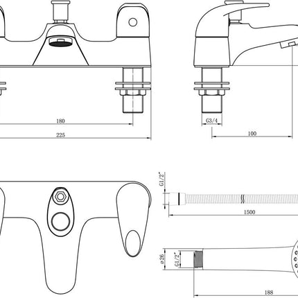 Borgo Low Pressure Bath Shower Mixer | Chrome | Deck-Mounted | With Handset & Hose