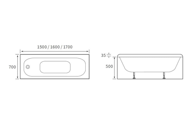 Eurowa Steel Single End Bath with Legs | 2 Tap Holes | 1500–1700mm