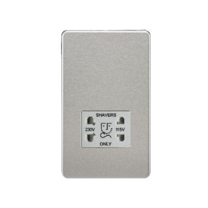 Silver electrical outlet with shaver socket on a white background