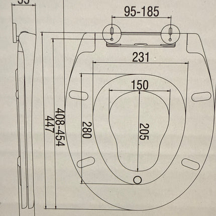 A technical dimension drawing of a toilet seat and bowl, showing measurements in millimeters with labels and guide lines on a white sheet over a blue background.