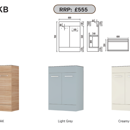 FlowLine 600mm Waterproof Base Unit | 2 Door | Storage or Sink Base | 3 Colours