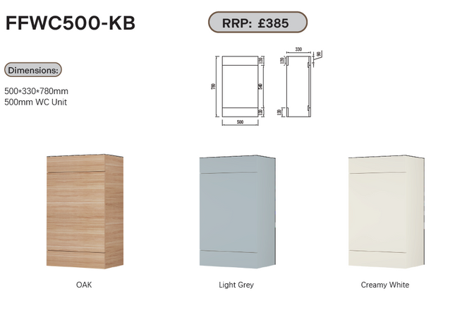FlowLine 500mm Waterproof WC Unit | Fitted Bathroom Furniture | 3 Colours