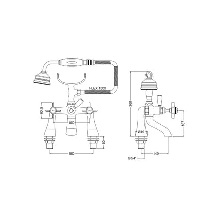 Nuie Beaumont Traditional Bath Shower Mixer - Chrome & Brushed Brass | 0.1 Bar | Shower Kit Included