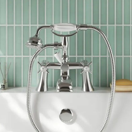 Nuie Beaumont Traditional Bath Shower Mixer - Chrome & Brushed Brass | 0.1 Bar | Shower Kit Included