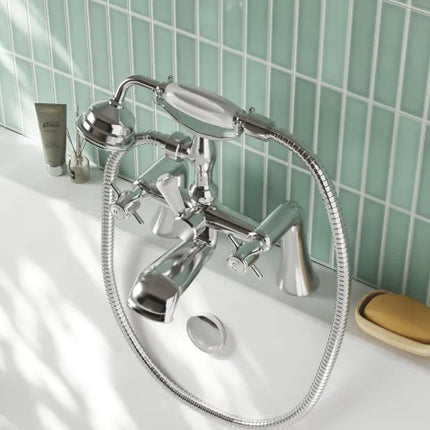 Nuie Beaumont Traditional Bath Shower Mixer - Chrome & Brushed Brass | 0.1 Bar | Shower Kit Included