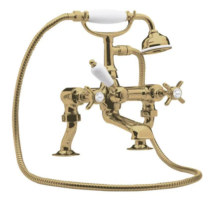 Nuie Beaumont Cranked Bath Shower Mixer - Chrome & Brushed Brass | 0.1 Bar | Shower Kit Included