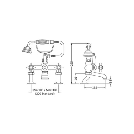 Nuie Beaumont Cranked Bath Shower Mixer - Chrome & Brushed Brass | 0.1 Bar | Shower Kit Included