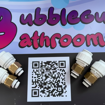 Plumbing connectors with a QR code on a black surface, next to 'Bubblegum Bathrooms' branding.