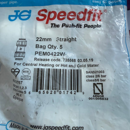 JG Speedfit packaging with product details and branding