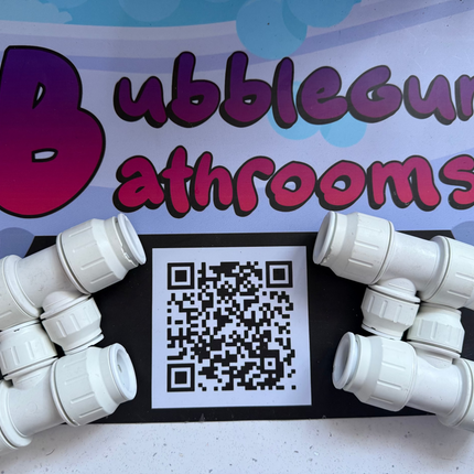 White plastic pipes with a QR code and 'Bubblegum Bathrooms' branding on a colorful background.