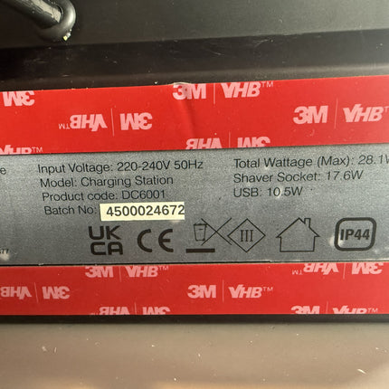 Charging station with 3M VHB tape and technical specifications label