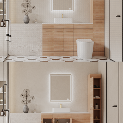 Modern bathroom with wooden vanity, mirror, and toilet.