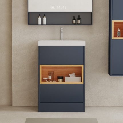 AquaCore 590mm Waterproof Vanity Unit with Basin | 2 Drawer & Open Shelf | Oak Detail