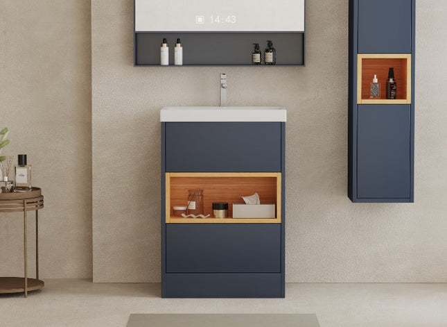 AquaCore 590mm Waterproof Vanity Unit with Basin | 2 Drawer & Open Shelf | Oak Detail