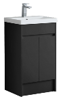 Black vanity unit with white basin on a neutral background