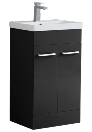 Black vanity unit with sink on a white background