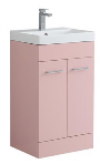 Pink bathroom vanity with white sink