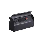 Black rectangular object with a red button on a white background