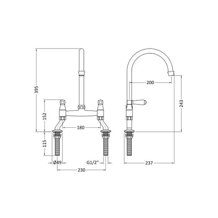 Nuie Traditional Chrome Bridge Kitchen Tap with Ceramic Lever Handles