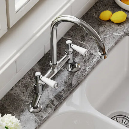 Nuie Traditional Chrome Bridge Kitchen Tap with Ceramic Lever Handles