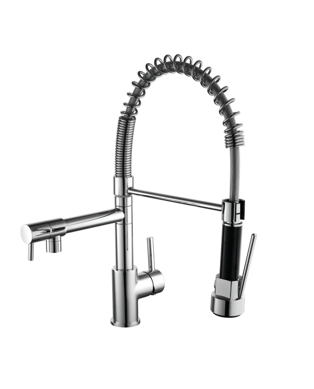 A modern kitchen faucet with a polished chrome body, featuring a flexible coiled spring neck, a side spout with a white lever, and a separate chrome pull handle on a solid white background.