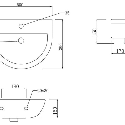 Tivoli 500x390mm 1TH Basin & Full Pedestal