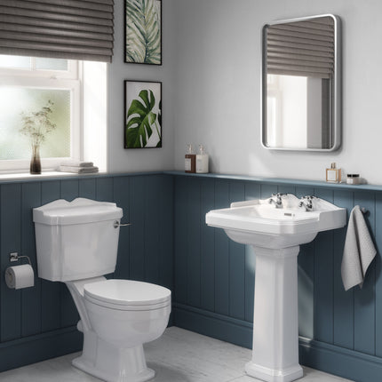 Nuie Legend Complete Bathroom Suite - White Basin, Pedestal & Close Coupled Toilet with Seat