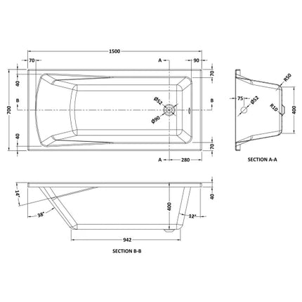 Nuie Lintone Square Straight Bath — Single Ended | 6 Sizes | European White Acrylic | Leg Set Included