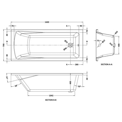 Nuie Lintone Square Straight Bath — Single Ended | 6 Sizes | European White Acrylic | Leg Set Included